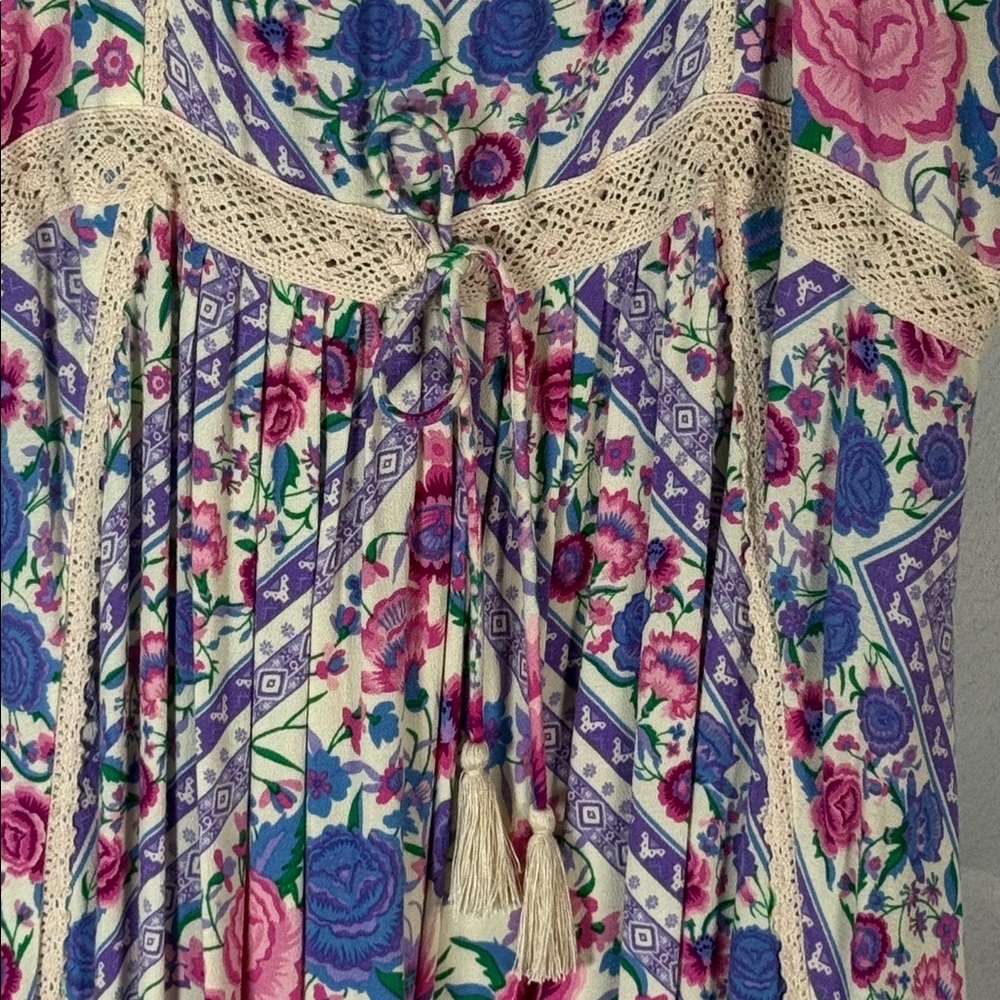 Spell Babushka Floral Lace-Trimmed Strappy Midi Dress in Lavender Size Large - Picture 7 of 12